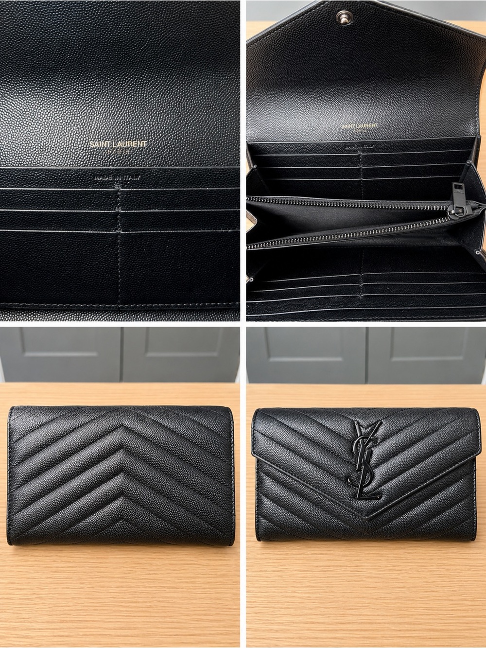 Saint Laurent (YSL) Large Chevron Wallet Black Leather Black Hardware